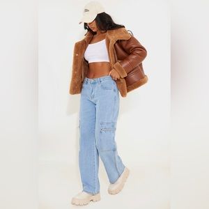 Brown Faux Fur Lined Faux Leather Buckled Aviator Jacket